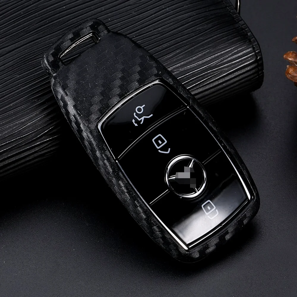 Carbon Fiber Look Silicone Remote Car Key Case Cover Shell Keychain for Mercedes Benz A C E S Class W203 W204 W212 W213 W176