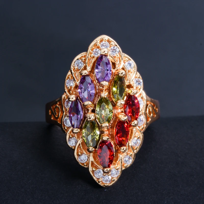 Pera Dubai Yellow Gold Color Jewelry Multi Purple Green Red Vintage CZ Engagement Wedding Party Finger Rings for Women R017