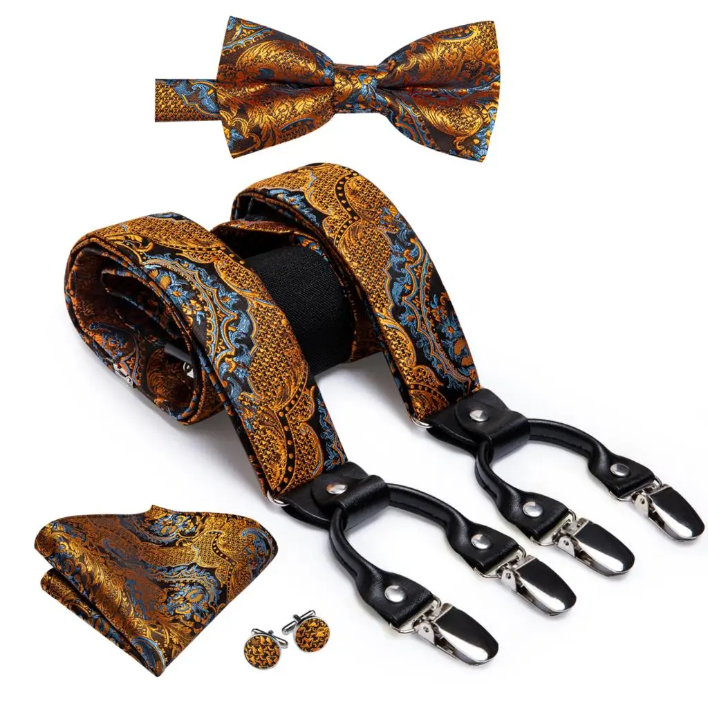 Hi-Tie Silk Mens Suspenders Blue 6 Clips Braces Necktie Bowtie Pocket Square Cufflinks Brooch Set For Men Business Wedding Gift