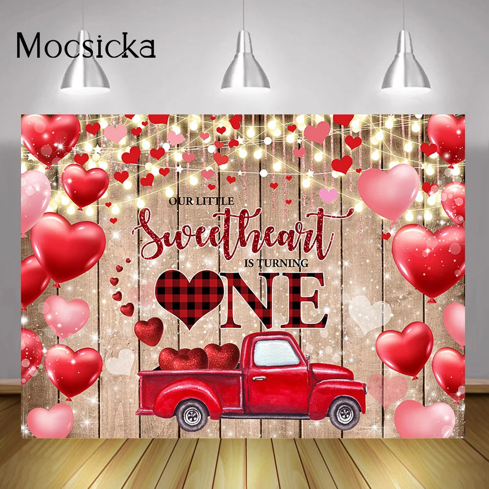 Our Little Sweetheart is Turning One Backdrop Valentine's Day Love Hearts Red Truck Background Wood Wall Birthday Party Decor