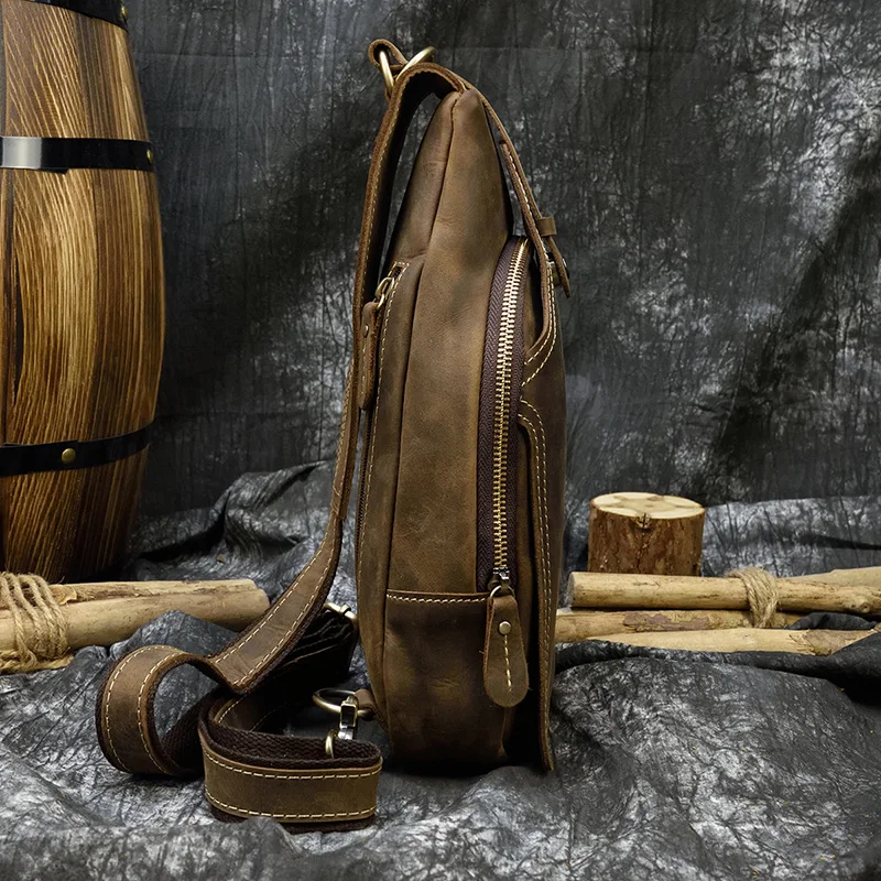 Luufan Men\'s Genuine Leather Chest Pack Sling Bag For Men Casual Travel Shoulder Bags Leather Messenger Bag Retro New 2021