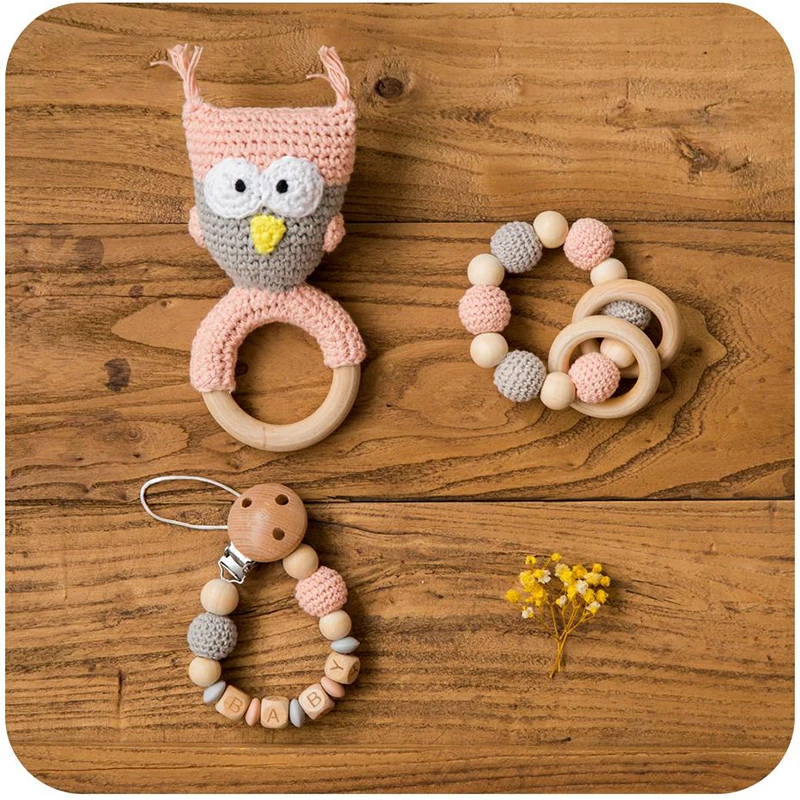 Sonajeros de madera de felpa para bebé, animales, jirafa, campana musical, chupete personalizado, cadena con Clip, pulseras de dentición, juguetes