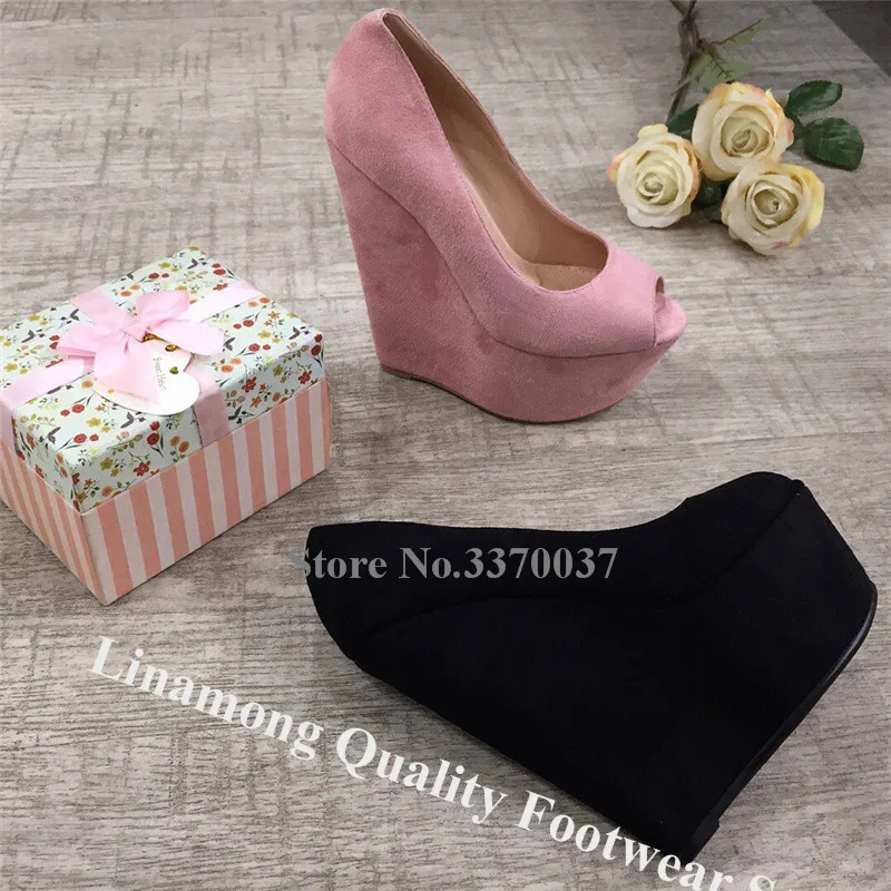 Linamong Western Fashion Peep Toe High Platform Wedge Pumps Pink Black Slip-on Suede Leather Wedges Height Increased Heels