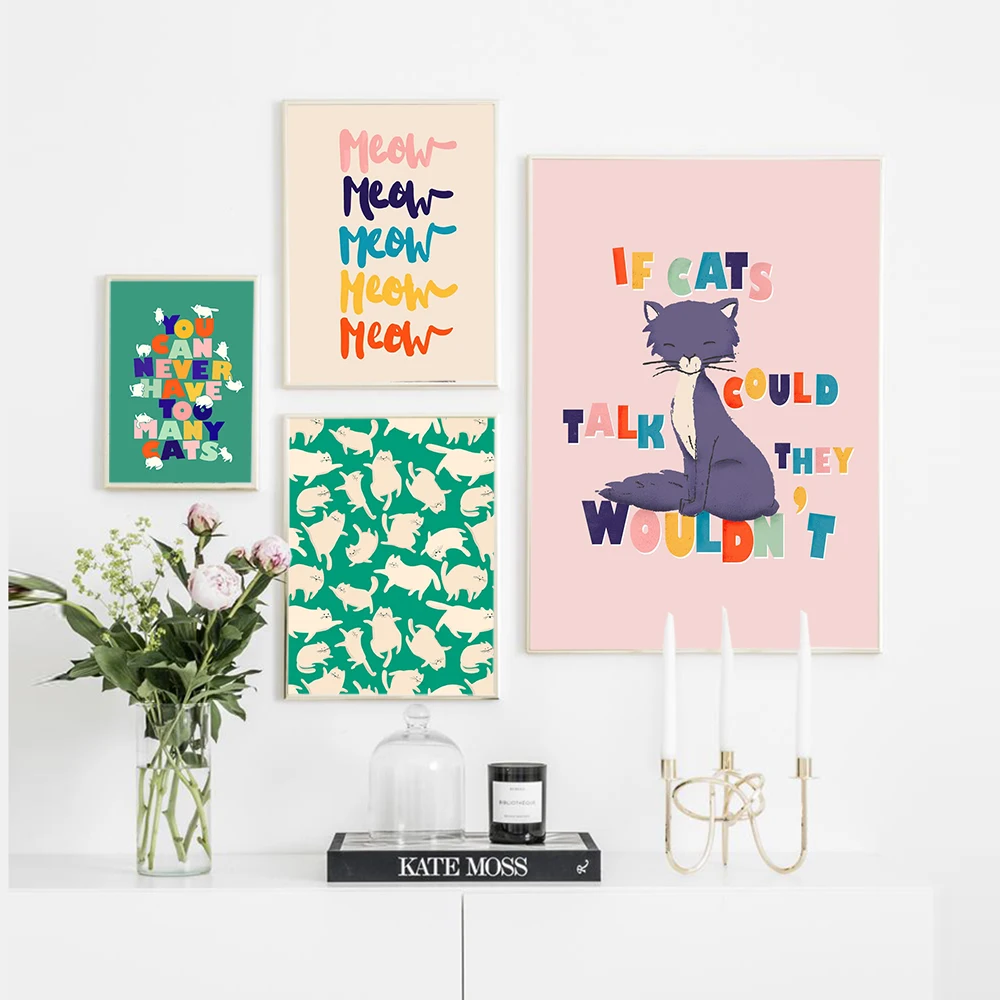 White Cat Green Pattern Canvas Painting Meow Meow Letter Poster Cute Cat Kids Wall Art Pictures Room Nursery Home Decor Prints