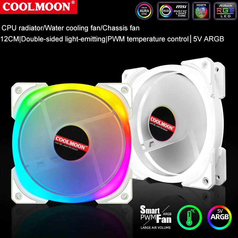 

Coolmoon PWM интеллигентая (ый) Контроль температуры вентилятор 5V ARGB на высоком каблуке 12 см с водяным охлаждением компьютер чехол вентилятор