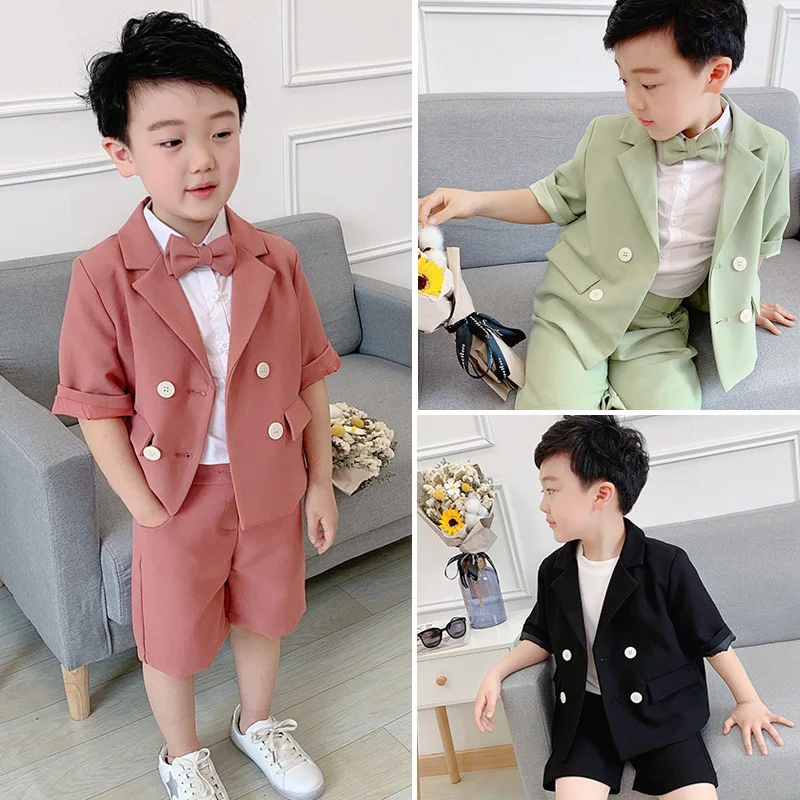 

Summer Children Korean Short Sleeve Suit Set Boys Double Breasted Blazer Shorts Clothing Set Kids Party Performance Costume