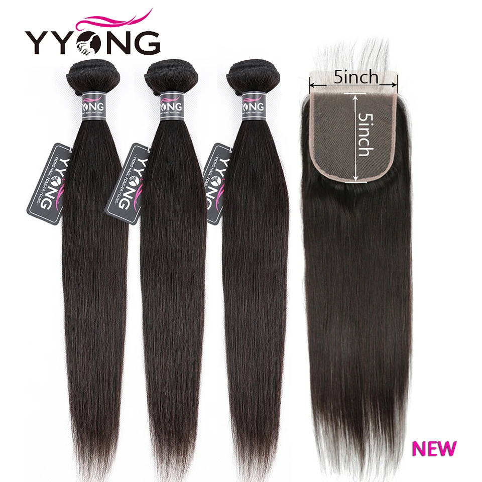 Yyong Hair 5x5 Closure With Bundles Brazilian Straight Hair Bundles With Closure Remy Human Hair Lace Closure With 3/4 Bundles