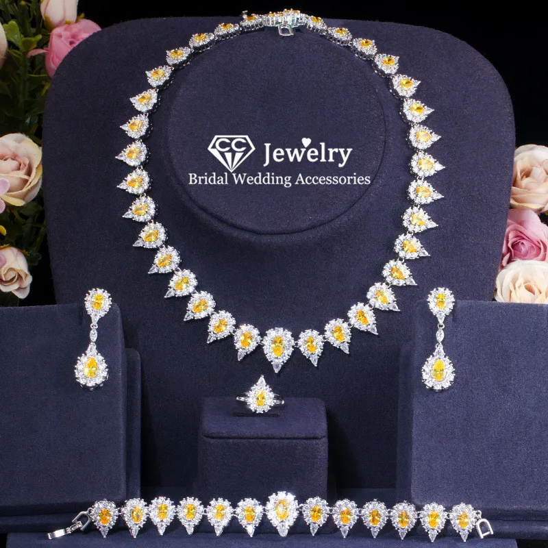 CC Party Jewelry Sets Necklace Earring Ring Bracelets 4pcs Wedding Accessories for Women Bridal Engagement Luxury Bijoux T0164