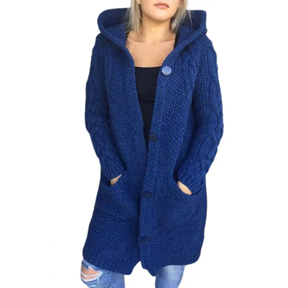 Solid Color Long Sleeve Women Cardigan Autumn Winter Hooded Pockets Knitted Sweater Outerwear