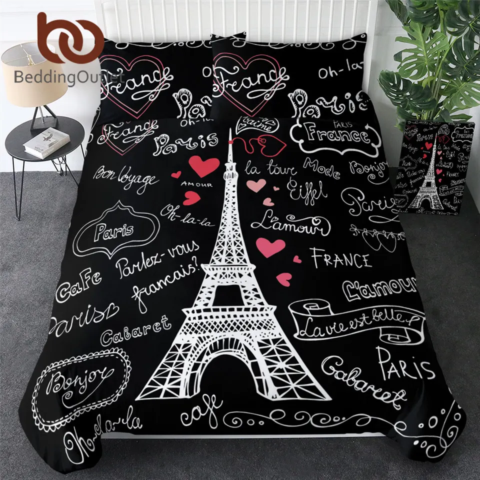 

BeddingOutlet France Paris Tower Bedding Set Black and White Bed Set Romantic Letters Heart Print Quilt Cover Soft Home Textiles