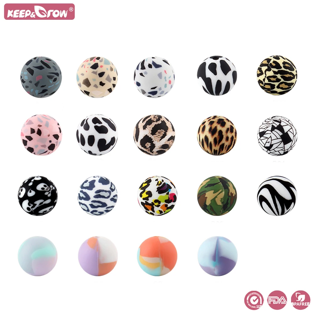 20pcs 12mm Silicone Beads Terrazzo Leopard Print Round Ball Pearl DIY Chewable Baby Safe Teether Toys Baby Teething Beads