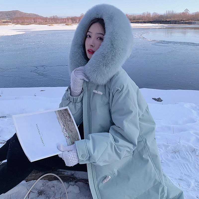 Jaqueta longa de inverno feminina, casaco solto e grosso com gola grande de pele e calor para mulheres, estilo coreano, 2021