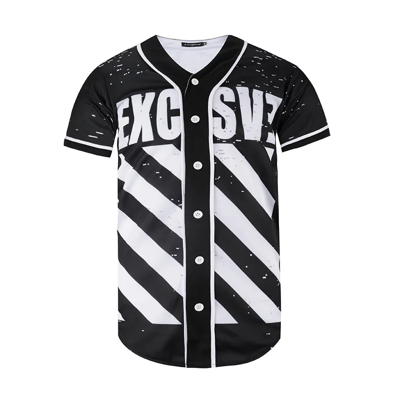 

New summer men's baseball jersey 3D black and white striped printed short sleeved cardigan