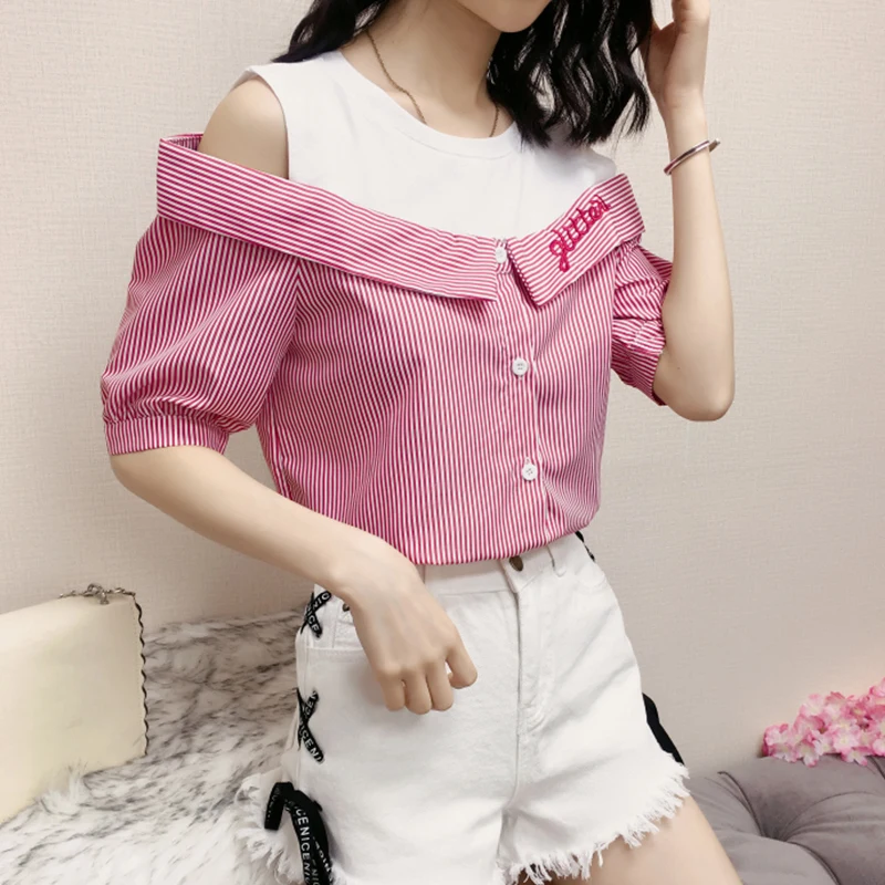 Fashion Women Short Sleeve Blouses Sexy Splice Off Shoulder Letter embroidery Shirts Fake Two Pieces Femme Stripe Shirt Tops