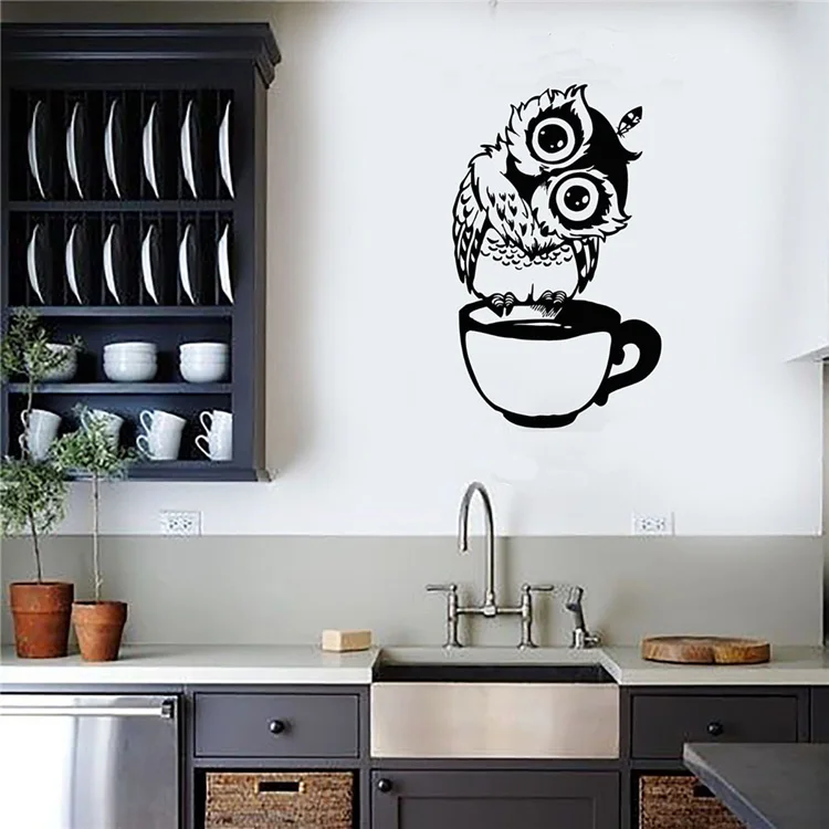 Kreative Wandsticker mit Eulenmotiv für Kaffeetassen, geeignet für Wohnzimmer, Schlafzimmer, Küche, als Hintergrunddekoration, für Cafés und zum Dekorieren von Wohnräumen, abnehmbare Wandmalerei. – Detail 2