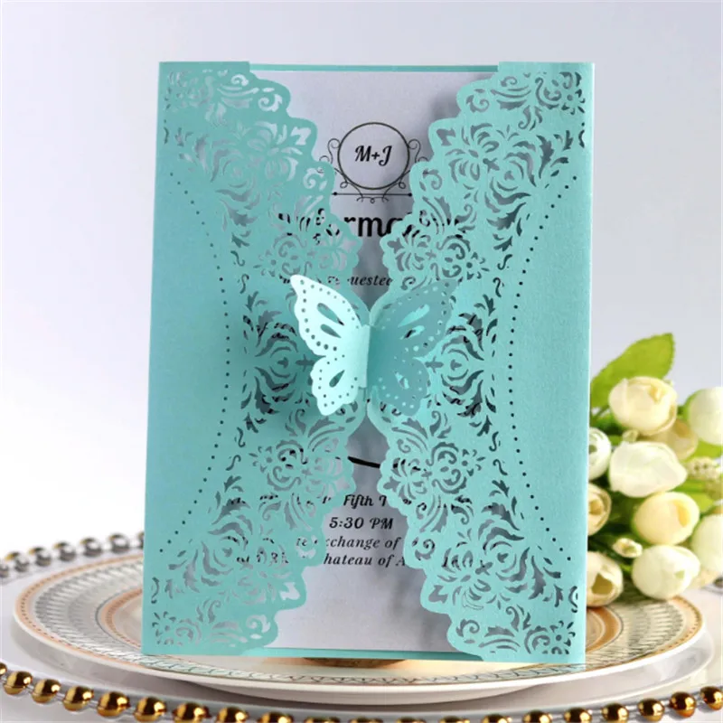 

Light blue invitation wedding party invite friends card butterfly popup design personalized printing 50pcs