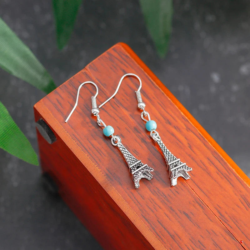 Aihua Bohemian Natural Turquoise Stone Beads Eiffel Tower Earrings for Women Vintage Tibet Silver Color Jewelry Femme Brincos