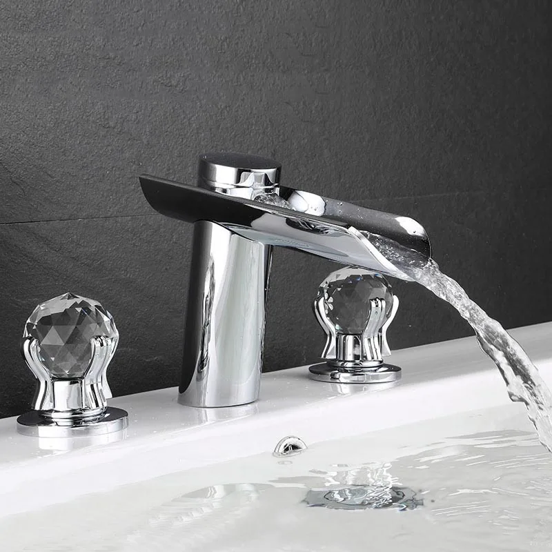 Chrome Brass Bathroom Waterfall Basin Faucet Hot & Cold Water Mixer Taps  Deck Mounted 3 Hole Crystal Handle