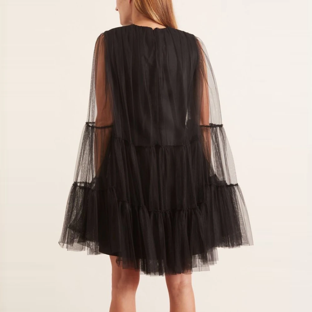 Black Short Dresses With Cloak Sleeves Long Sleeves Women Robes A Line Short Dress Party Birthday Formal Tulle Robes