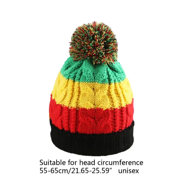 Unisex Winter Braided Knit Pompom Beanie Cap Rainbow Stripes Cable Crochet Warm Stretchy Hip Hop Jamaican Skullies Hat