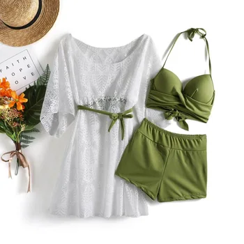 2020 جديد مثير البيكينيات الرسن النساء ملابس السباحة ضمادة ملابس السباحة الصلبة الصليب مجموعة البكيني عالية الخصر ثوب السباحة ثلاث قطع دعوى