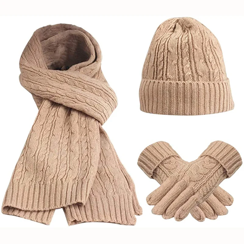 Women\'s Scarf Sets Winter Hat Scarf Gloves Knitted Keep Warm Scarves Simple Solid Color Clothes Accessories Thick Soft Scarf Set