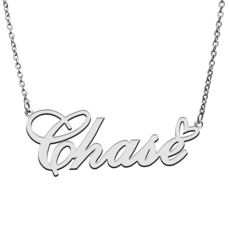 Chase Name with Love Heart Necklace for Women Girl Stainless Steel Jewelry Dainty Nameplate Pendant Mother Valentine Gift