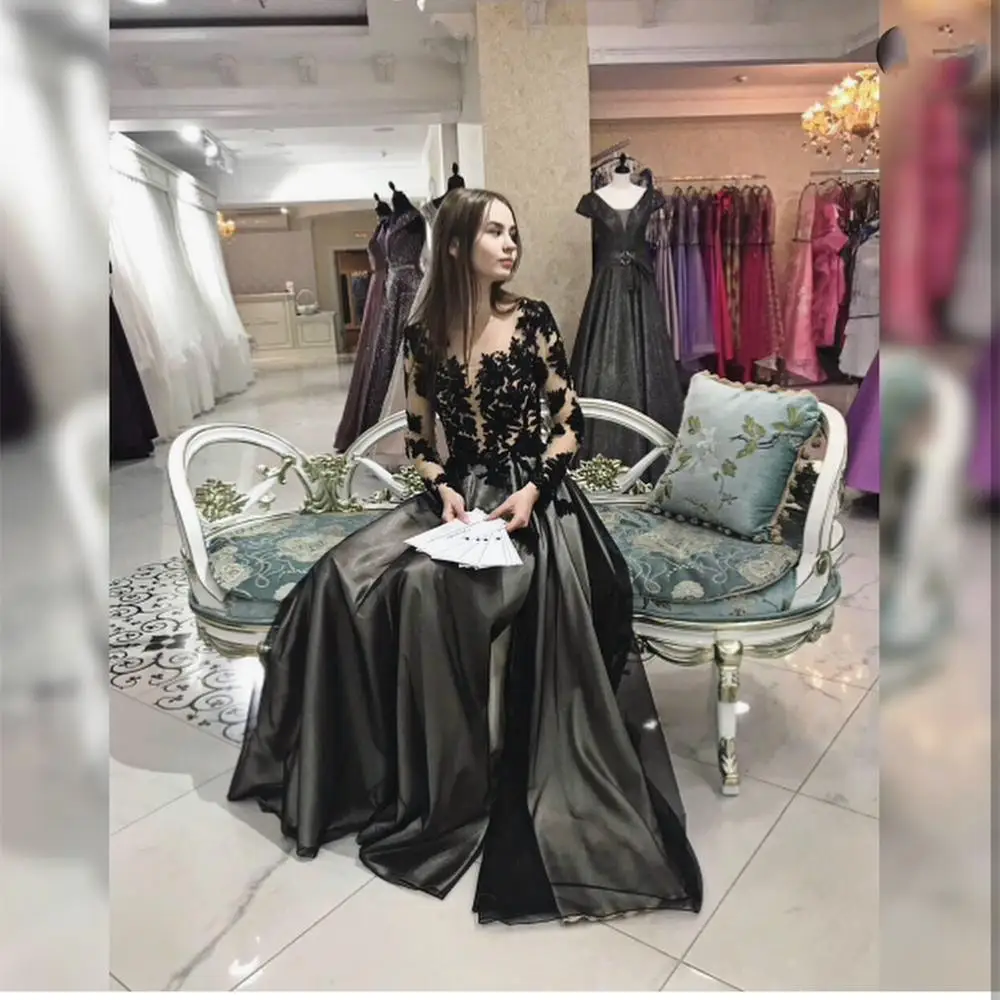 LSYX-Vestidos de Noche de manga larga para mujer, ropa de fiesta de color negro, línea A, transparente, cuello redondo, apliques, hasta el suelo, elegante y encantador, 2022