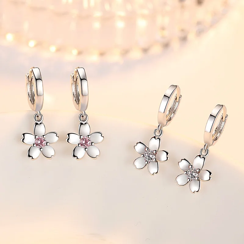 Boucles d'oreilles en Zircon rose/blanc pour femmes, Simple, en argent 925, bijoux en forme de fleurs de cerisier, tendance