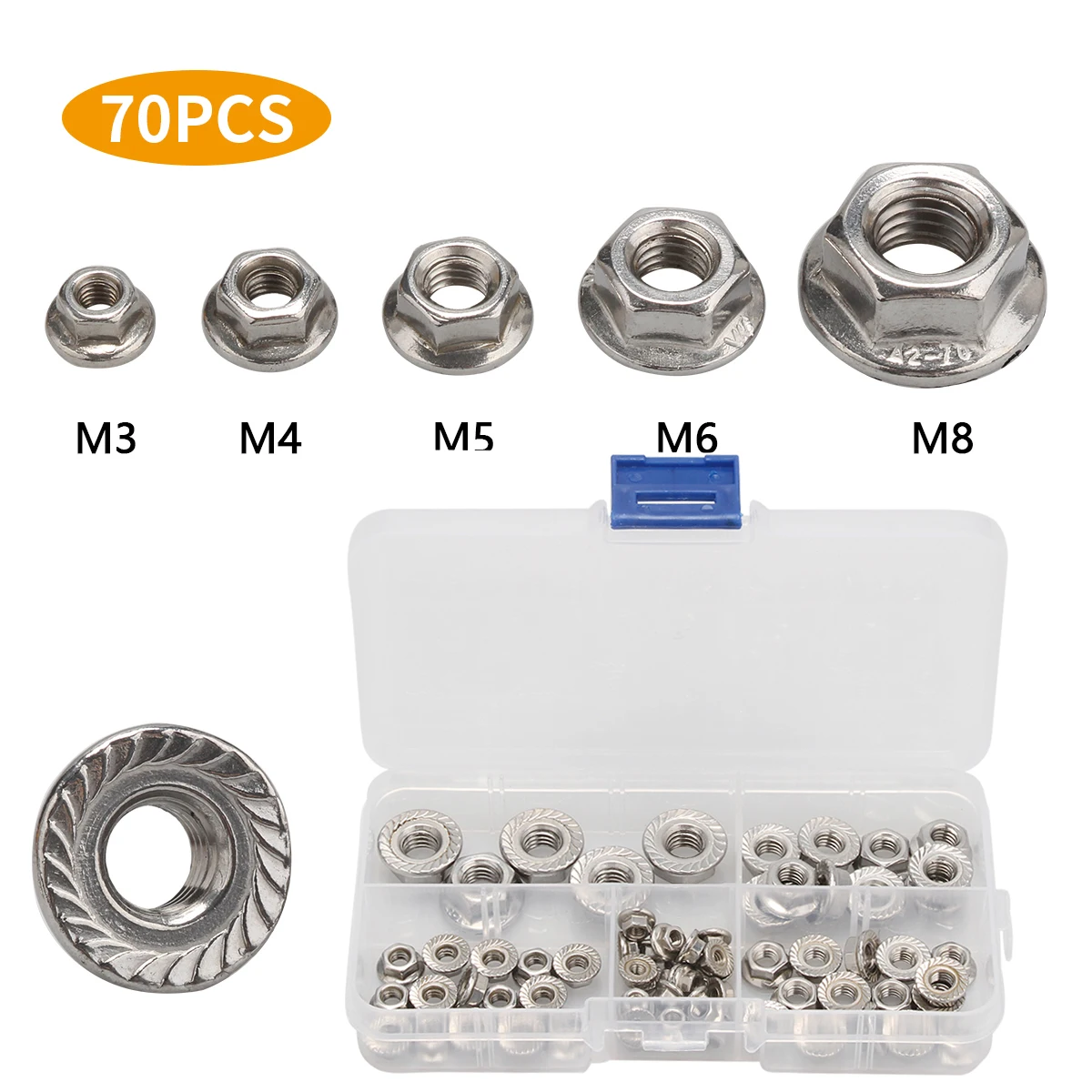 

70Pcs/set M3 M4 M5 M6 M8 Stainless Steel Hexagon Flange Nuts Pinking Slip Locking Lock Nut Assortment Kit