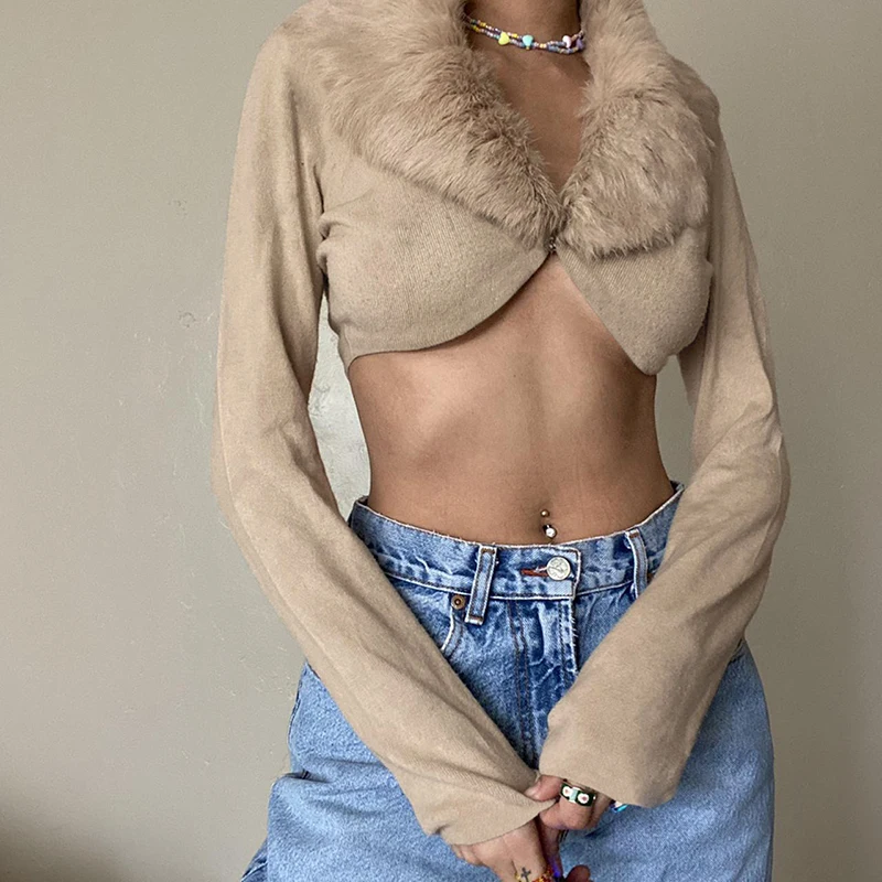 Fur Collar Crop Coats Casual Fur Coat Button Autumn Winter Cardigans Vintage Chic Harajuku Long Sleeve Y2k Tops Khaki Streetwear