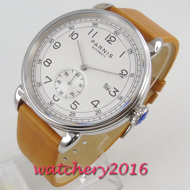 

42mm PARNIS White Dial Date Indicator Leather Top Brand Luxury Automatic Mechanical men's Watch