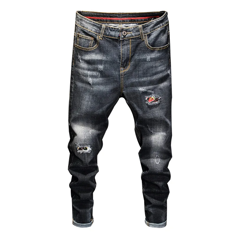 High-end Spring Men's Black Gray Trousers Retro Europe America Scratched Stretch Jeans Trendy Simplicity Straight Denim Pants