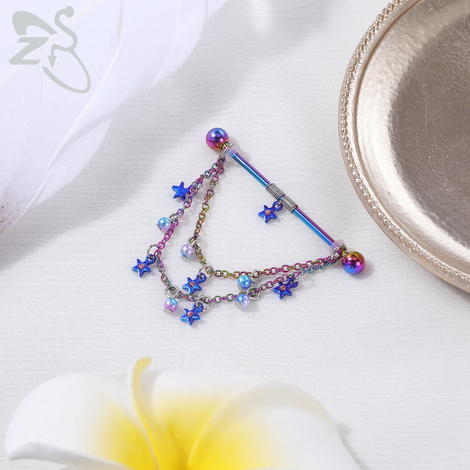 ZS 1PC 14G Industrial Barbell Chain for Women Stainless Steel Earring 38MM Gold Plated Tassel Ear Helix Tragus Piercings Jewelry