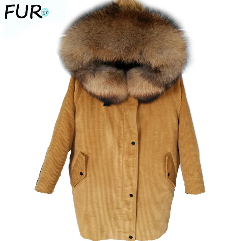 

2022 new Winter jacket coat women parka Corduroy fur coat Big real raccoon fur collar Real natural Warm Lamb fur liner