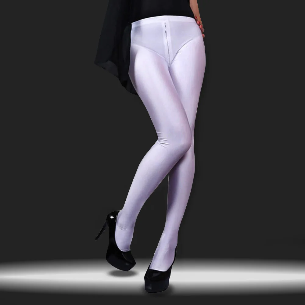 Women's Dance Pantyhose Zipper Open Crotch Low-rise Full Length Yoga Pants comfortable Sexy Oil Gloosy High elasticity Leggings