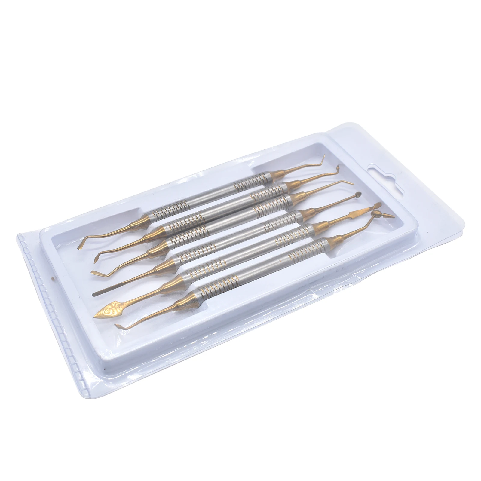 Set isi 6 buah Resin komposit gigi, Spatula pengisi kepala berlapis Titanium, set peralatan Dental restorasi pegangan tebal