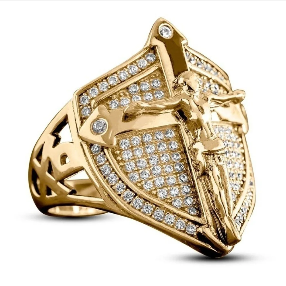 Luxury Christian Savior Jesus Cross Zircon Men Ring Motorcycle Party Hip Hop Shield Anniversary Ring for Men Women Ring Jewelry