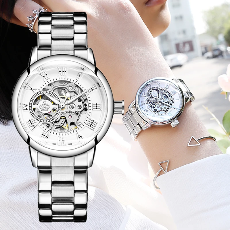 Reloj Mujer Montre Femme 2024 Silver Women's Dress Watches Ladies Stainless Steel Strap Skeleton Automatic Mechanical Watches