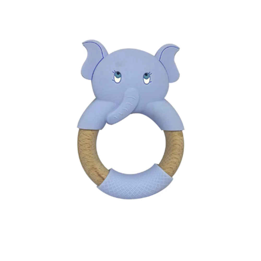 Baby Silicone Teether Cartoon Elephant Teething Toy Beech Wood Ring Infant Comfort Toys