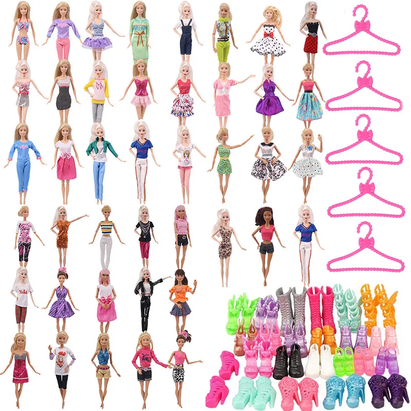 15 Pcs/Set Barbies Doll Accessories=5 Clothes+5 Shoes+5 Hangers