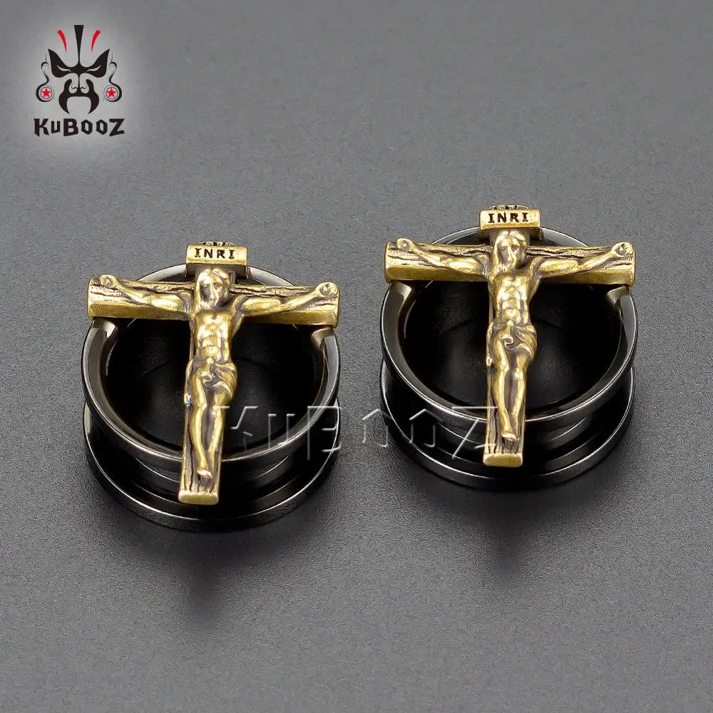 KUBOOZ New Stainless Steel Cross Earring Plugs Tunnels Piercings Body Jewelry 2PCS