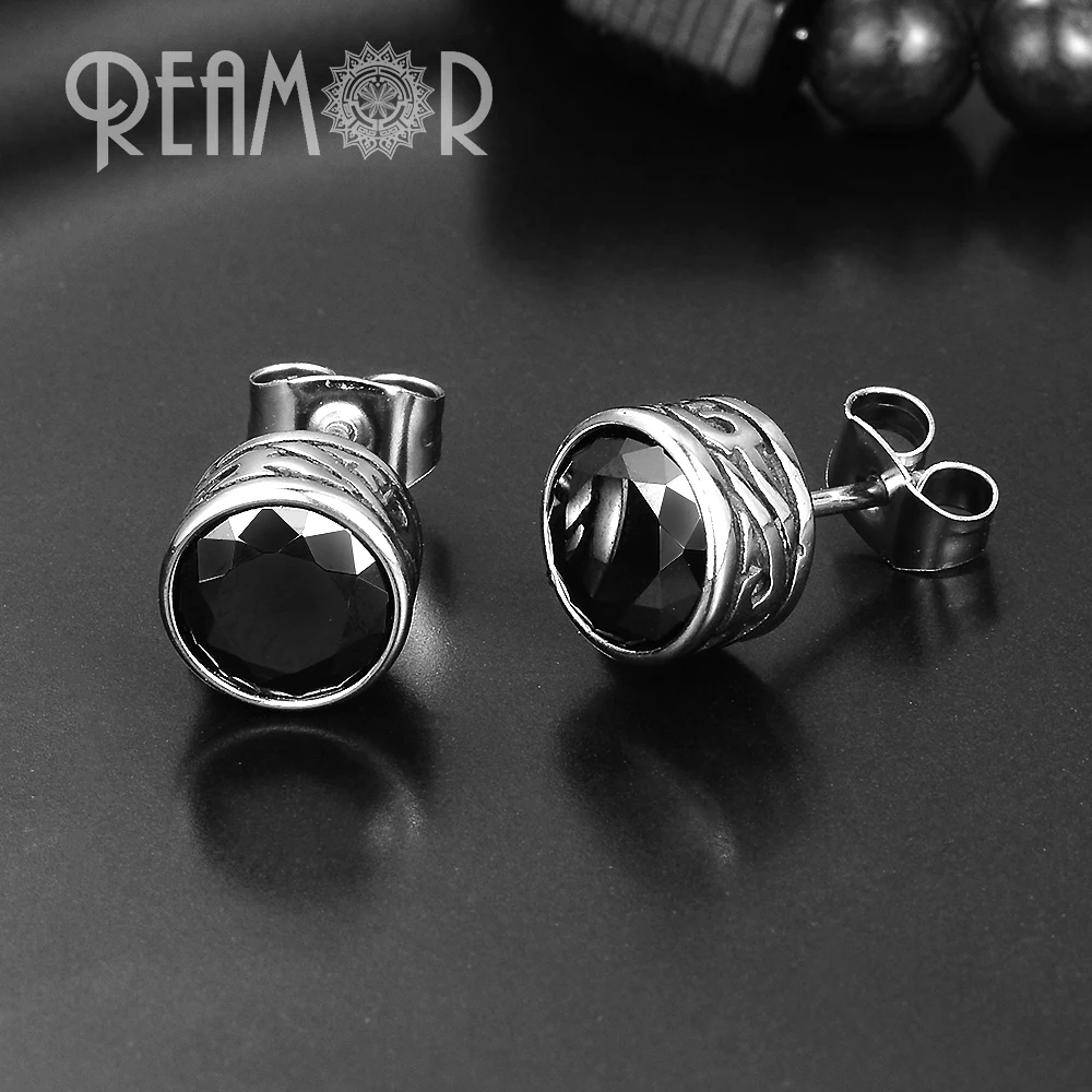 REAMOR Luxury High-quality Zirconia Inlay Stud Earrings For Women Men Simple Stainless steel Round Totem Earring Jewelry 1 Pair