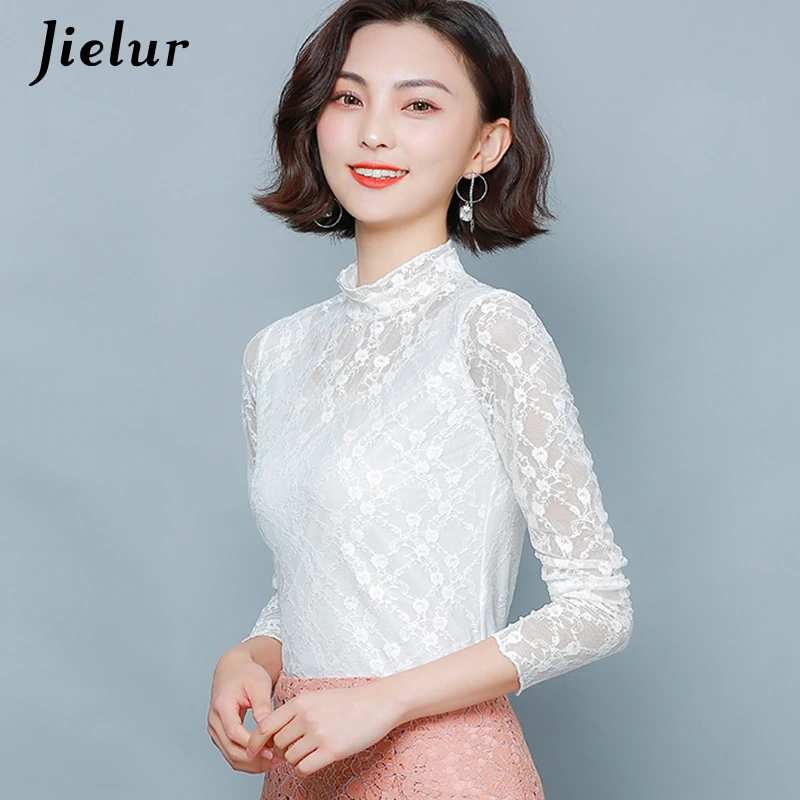 Jielur New Autumn Winter T-shirt Women Lace Solid Color Chic Slim Tshirt Korean O-neck Tee Tops Basic Primer Embroidery T Shirt