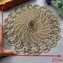 2 pcs Gold 3D Lace Round Embroidery Table Place Mat Christmas Pad Cloth Placemat Cup Mug Wedding Tea Coaster Doily Kitchen Hot