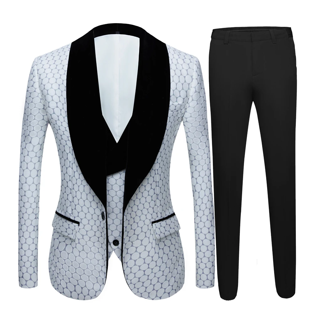 New 3 Pieces Men\'s Wedding Suit Three Pieces Dots Printed Slim Fit Notch Lapel Tuxedos Tailcoat Best Men Double Breasted Vest