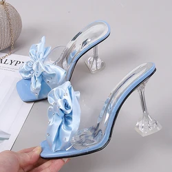 2024 New Fashion Crystal Bow tacchi alti pantofole scarpe donna Sexy PVC trasparente sandali donna diapositive Open Toe Pumps blu nero