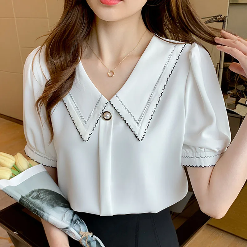 

Fashion Women Clothing 2022 Summer Blouses and Shirts Blusas Beading Elelgant Sweet White Blue Short Sleeve Dropshipping 1593