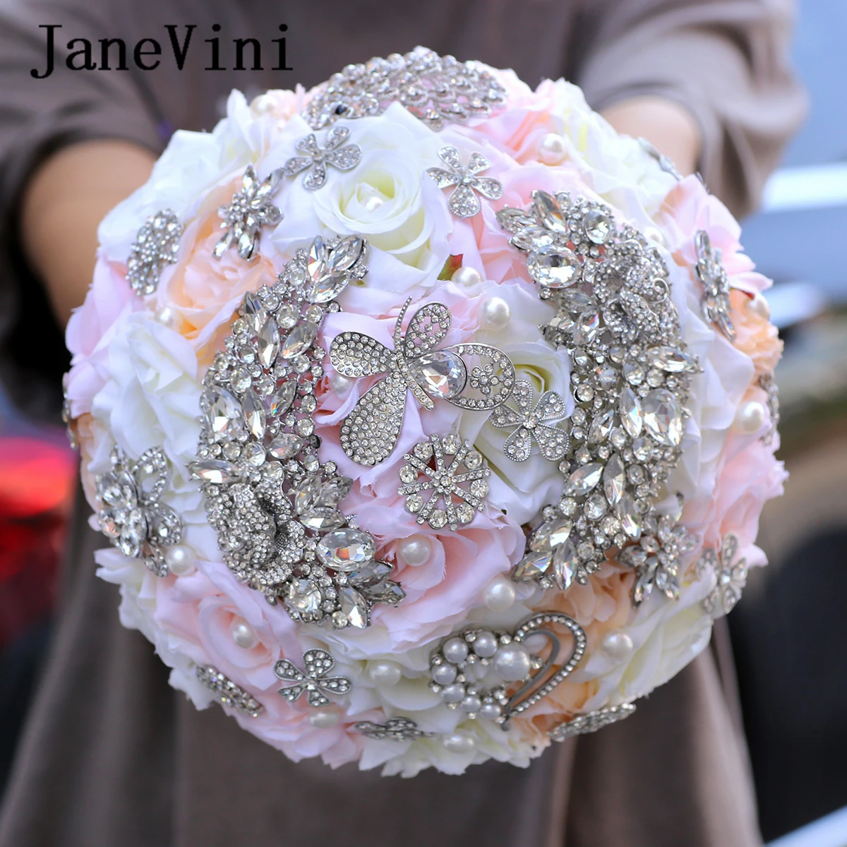 JaneVini Luxury Diamond Pink Bridal Silk Flowers Sparkly Rhinestone Artificial Roses Bouquets Wedding Accessories Ramos De Novia