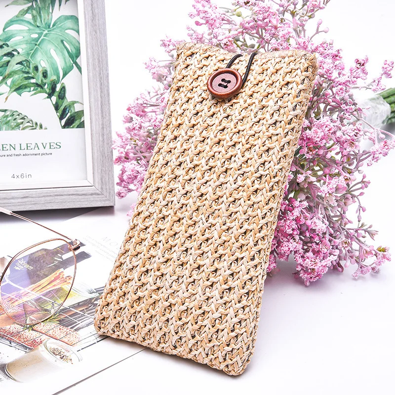 Glasses Bag Female Compression Resistant Portable Retro Straw Woven Korean Sun Sunglasses Storage Cloth Pocket Buckle Eye Bag